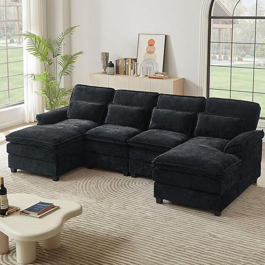 113" Oversized Cloud Couch, U Shape Sectional 4 Seat Sofa with Double Chaises, 2 Layer Cusions, Deep Seat Comfy Sofa, Upholstery Chenille Fabric for Living Room, Black-CasaMuseHome