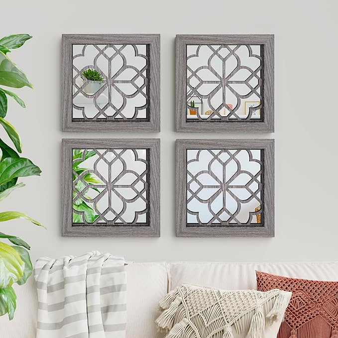 4pcs Farmhouse Wall Mirror with Carved Floral Design -Rustic Mirror Decor for Home, 12x12 inch(Brown)-CasaMuseHome