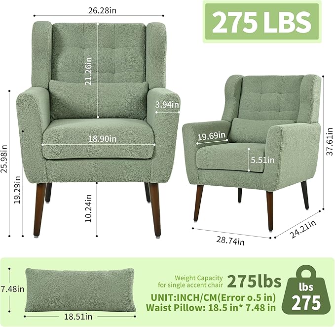 Accent Chair Set of 2, Upholstered Armchair with Pillow, Teddy Single Sofa Chair with Lounge Seat and Wood Legs for Living Room Small Spaces-CasaMuseHome