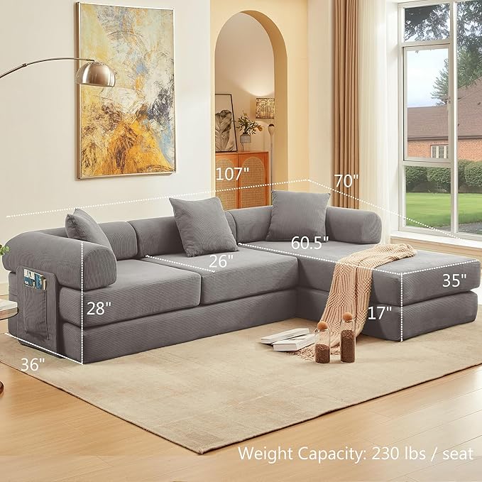 107" Oversized Convertible Sleeper Sofa Bed, Corduroy L Shape Sectional Couch, Folding Sofa Bed with Side Pocket, Modern Cloud Floor Mattress Couch, Modular Sofa for Living Room, Grey-CasaMuseHome