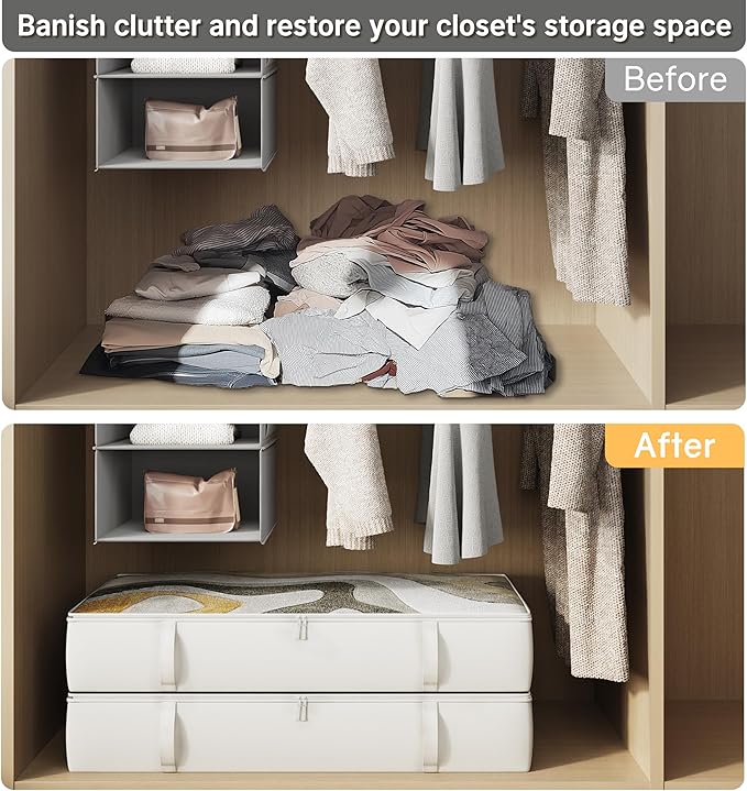 2-Pack Under Bed Storage Containers, 8 Inches Tall Underbed Clothes Storage Organizer Bin with Sturdy Sidewalls/Bottom, Under the Bed Storage Bags 2 Storage Bins, Beige-CasaMuseHome