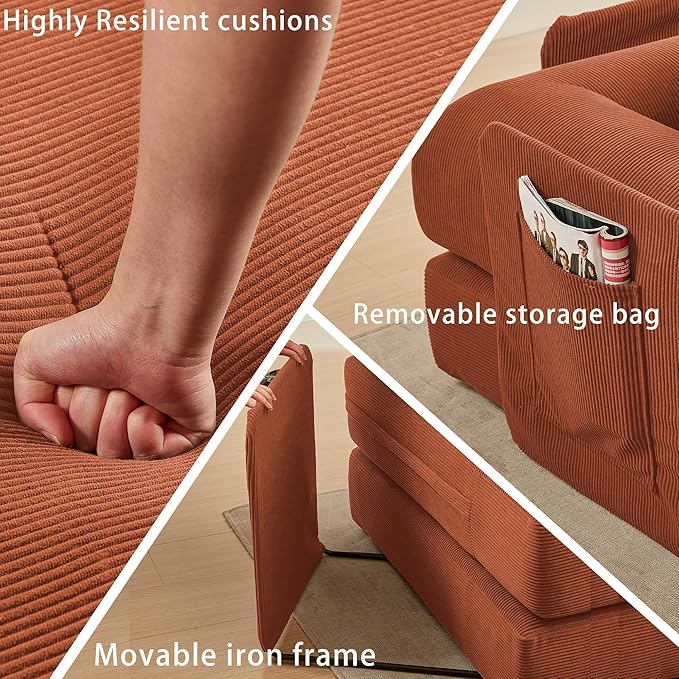 107" Oversized Convertible Sleeper Sofa Bed, Corduroy L Shape Sectional Couch, Folding Sofa Bed with Side Pocket, Modern Cloud Floor Mattress Couch, Modular Sofa for Living Room, Orange-CasaMuseHome