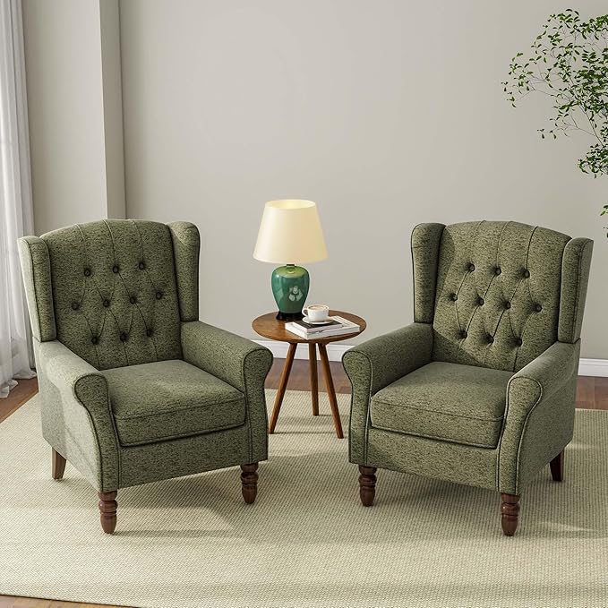 Accent Chair, Upholstered Armchair with Button Tufted High Back & Solid Wood Legs, Comfy Wingback Reading Single Sofa Chair for Small Spaces, Living Room, Bedroom (Green, Set of 1)-CasaMuseHome