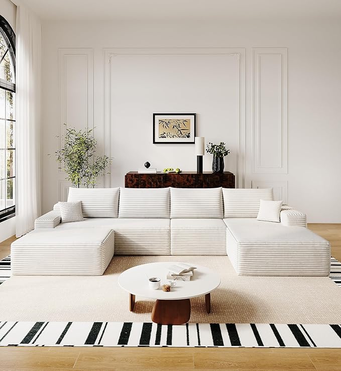 136" Sectional Couches for Living Room Modern Modular Sofa with L-Shape Couchs Upholstered Boneless Couch Deep Seat Sectional Couch with Chaise (White, Right Facing Chaise+3Seaters+Ottoman)-CasaMuseHome