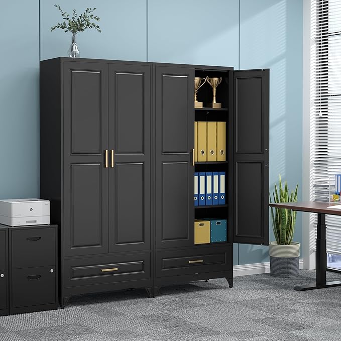 75" Kitchen Pantry Cabinet with Drawer, Metal Storage Cabinets with Doors and Adjustable Shelves, Black Tall Pantry Cabinet for Dinning Living Room, Home Office-CasaMuseHome