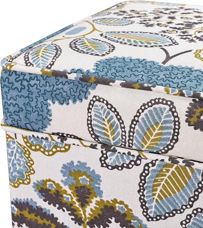 Adeco 18 Inch High Cube Ottoman Storage, Linen Chair Foot Stools, Upholstered Vanity Stool with Hinged Lid, Solid Wood Legs (Blue Leaves)-CasaMuseHome