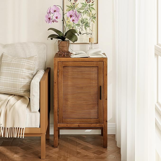 1 Door Farmhouse Nightstand, Rustic Slat Door Cabinet with 2 Shelves, Accent End Table with Storage for Bedroom, Brown-CasaMuseHome