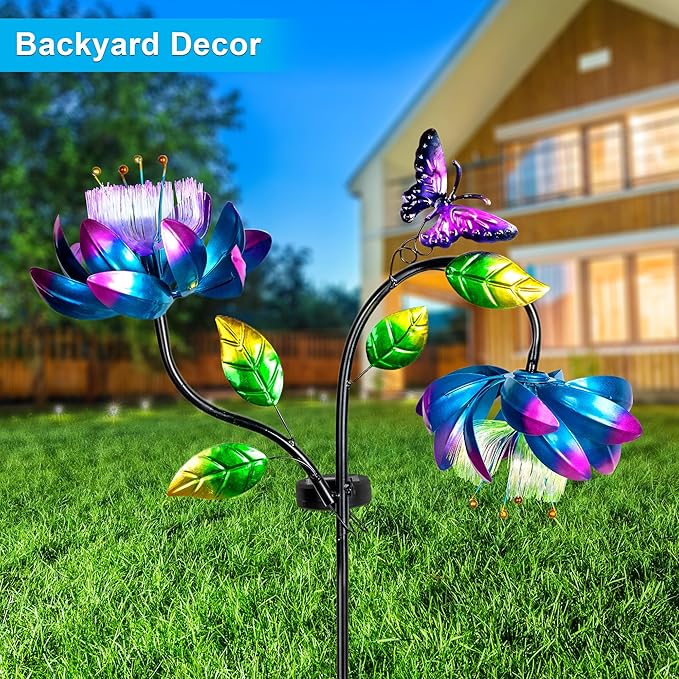 50'' Solar Powered Kinetic Wind Spinner Sculpture Blue Lotus Metal Stake Spinner for Patio, Lawn and Garden Decor Weather Resistant Outdoor Art with Dual Lotus with Butterfly Design-CasaMuseHome