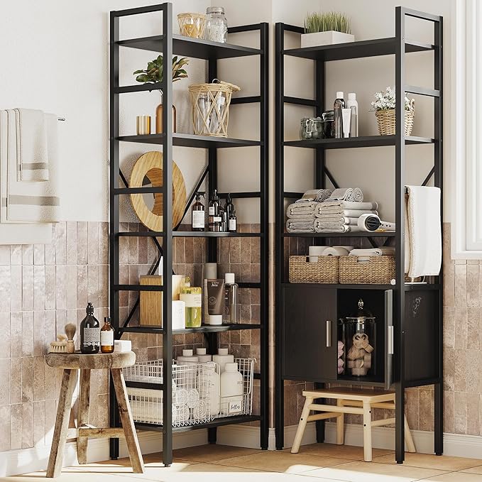 70 x70 Triple 5 Tier Book Shelf, Industrial Large Bookcase with Storage Cabinet, Tall Bookshelf with 14 Open Display Shelves Metal Frame Furniture for Living Room Bedroom Home Office Black-CasaMuseHome