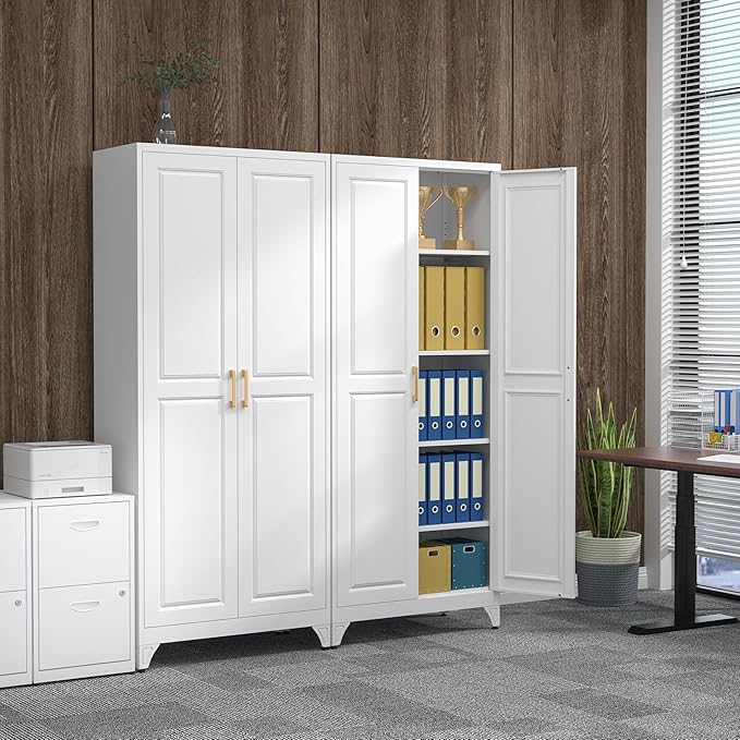 75" Kitchen Pantry Cabinet, White Metal Storage Cabinets with 2 Doors and 4 Adjustable Shelves, Tall Pantry Storage Cabinet for Kitchen, Dining Room, Living Room-CasaMuseHome