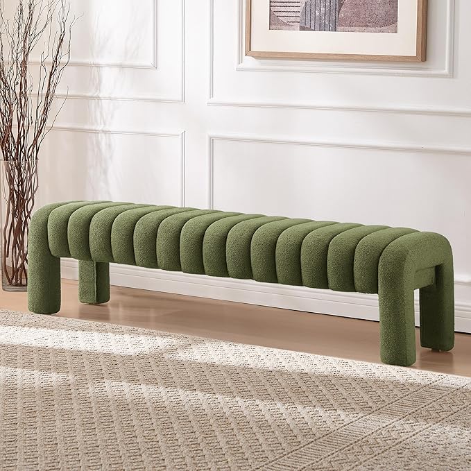 63" Bedroom Bench, Upholstered Entryway Bench, Modern End of Bed Ottoman with Solid Wood Legs and Adjustable Foot Pegs for Entryway, Dining Room and Living Room, 440lbs (Green Boucle)-CasaMuseHome