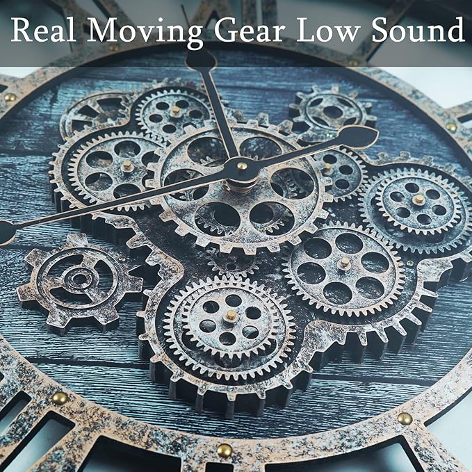 30 Inch Industrial Steampunk Wall Clock, Gray, Battery Operated, Real Rotating Gears, Solid Wood Frame, Oversized Wall Clock for Living Room Decor-CasaMuseHome