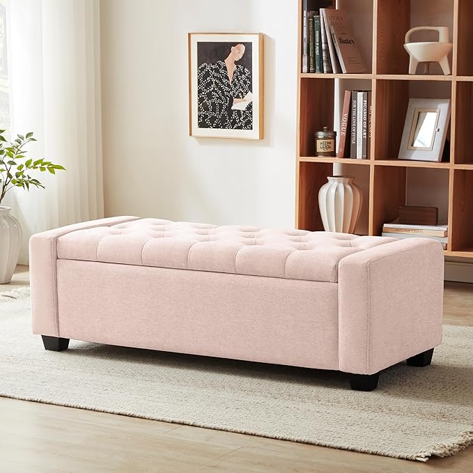 48" Ottoman with Storage, Pink Storage Ottoman Bench with Safety Hinge, Upholstered Entryway Bench with Seating for Bedroom, Living Room, Holds up to 330 lb-CasaMuseHome