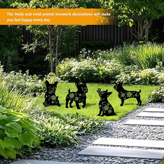 4 Pack Bulldog Metal Garden Decorative Stakes, Weather Proof Puppy Silhouette Statues for Yard, Patio,Outdoor Decor for Bulldog Lovers and Pet Owners-CasaMuseHome