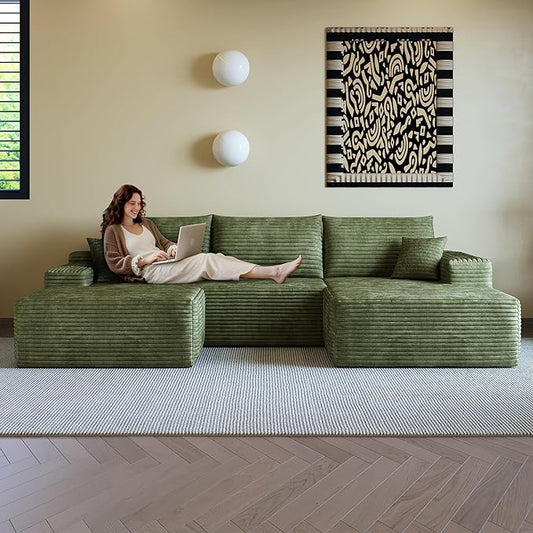108" Sectional Couches for Living Room Modern Modular Sofa with L-Shape Couchs Upholstered Boneless Couch Deep Seat Sectional Couch with Chaise (Green, Right Facing Chaise+2Seaters+1Ottoman)-CasaMuseHome