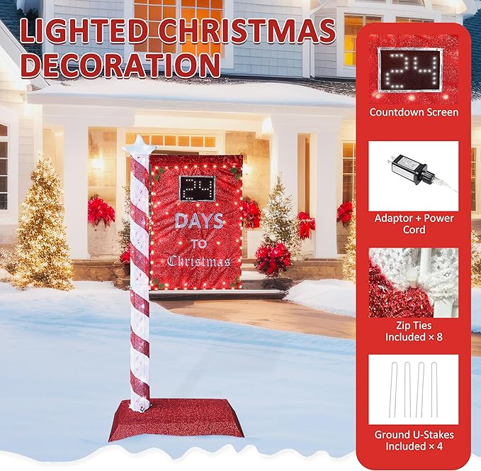5FT Lighted Christmas Countdown Sign, Remote Control Available Within 0-60 Days, Holiday Countdown Sign Decor with 125 LED Lights, Freestanding Glittered Holiday Display for Outdoor, Indoor-CasaMuseHome