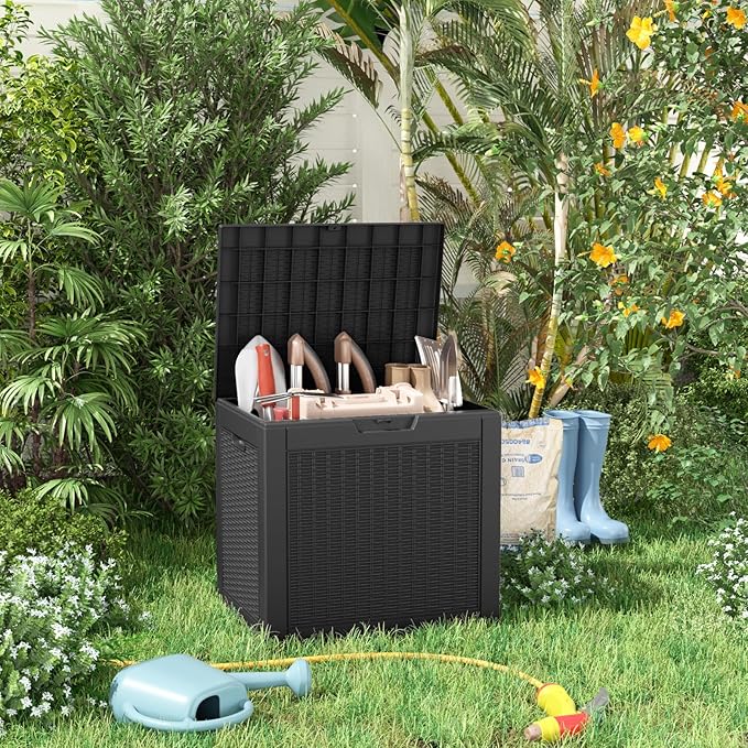 30 Gallon Resin Deck Box, Lockable Patio Outdoor Storage Box for Furniture, Garden Tools and Tools Storage, Waterproof Outside Storage Boxes - Black-CasaMuseHome