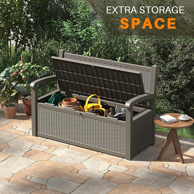 70 Gallon Deck Bench with Storage,Outdoor Storage Box Bench Waterproof&Lockable, Resin Patio Furniture with Armrest for Patio, Porch, Garden,Grey-CasaMuseHome