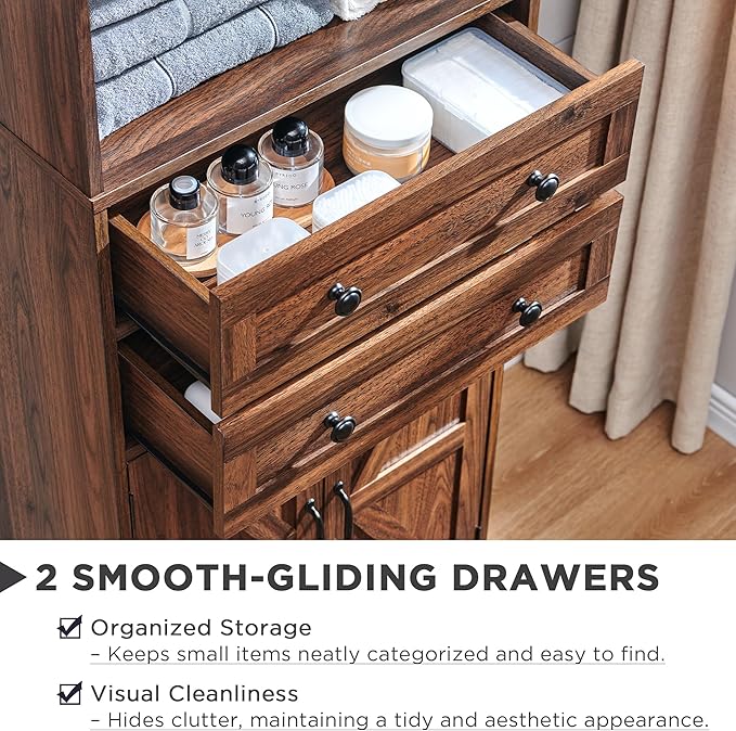72" Tall Bathroom Storage Cabinet, Farmhouse Storage Cabinet with Adjustable Shelves, Barn Door & 2 Drawers, Cabinet for Bathroom, Living Room & Kitchen, Brown-CasaMuseHome