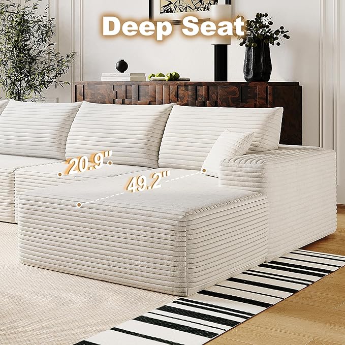 108" Sectional Couches for Living Room Modern Modular Sofa with L-Shape Couchs Upholstered Boneless Couch Deep Seat Sectional Couch with Chaise (White, Right Facing Chaise+2Seaters)-CasaMuseHome