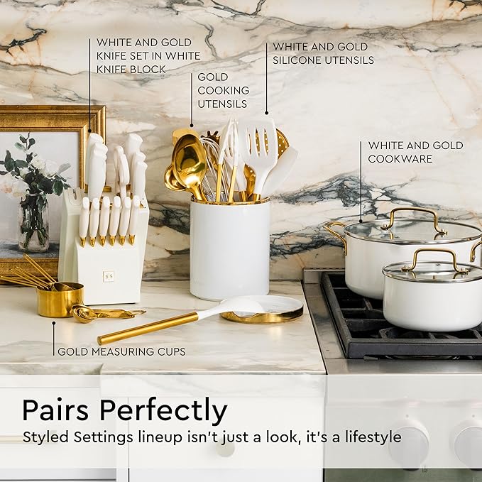 Gold Kitchen Utensils Set - 19-Piece Set Includes Stainless Steel Gold Utensils, White Silicone Tools, and Measuring Cups and Spoons - Luxury Kitchen Accessories for Modern Cooking, Serving, & Gifting-CasaMuseHome