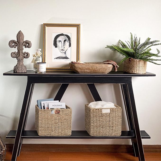 12x12x10in Seagrass Storage Baskets Set of 2, Large Wicker Storage Basket, Decorative Seagrass Shelf Basket, Pantry Baskets Organization,Folding Storage Cube Bins-CasaMuseHome