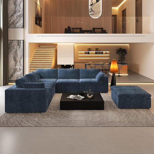 118" 6-Seater Cloud Sofa,Modular Sectional Couch with Ottoman,Modern Deep Seat Upholstered Couches with Plush Corduroy Fabric for Living Room Furniture,Bedroom and Apartment,No Assembly Required,Blue-CasaMuseHome