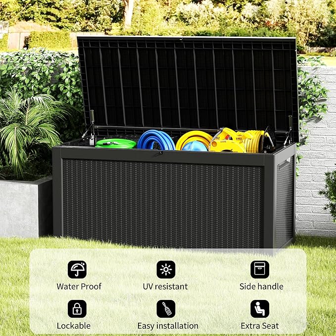 320 Gallon Resin Deck Box, Waterproof Outdoor Storage Bin for Patio Furniture, Pool Accessories, and Garden Tools, Lockable & UV-Resistant, Black-CasaMuseHome