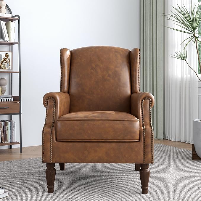 Accent Chair, Faux Leather High Back Armchair or Living Room, Comfy Upholstered Single Sofa Reading Chair with Solid Wood Legs for Office, Bedroom, Waiting Room-Brown-CasaMuseHome