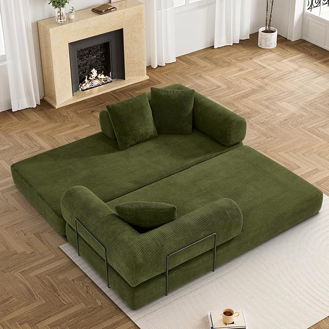 80.3" Convertible Sleeper Sofa Bed with Cylindrical Pillow, Corduroy Folding Mattress Couch with Fixed-Shape Frame, Modular Floor Sofa Lounge Couch for Living Room Bedroom Lounge, Green-CasaMuseHome
