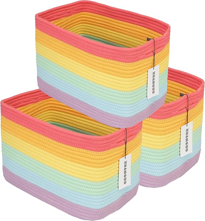3-Pack Rainbow Storage Baskets 14.5X9.5X9.3“ – Woven Toy Organizer Bins for Kids, Baby Room, Nursery, and Classroom – Cute Square Rope Baskets for Shelves and Organization Rainbow-CasaMuseHome