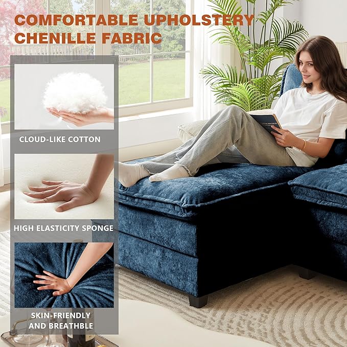 113" Oversized Cloud Couch, U Shape Sectional 4 Seat Sofa with Double Chaises, 2 Layer Cusions, Deep Seat Comfy Sofa, Upholstery Chenille Fabric for Living Room, Blue-CasaMuseHome