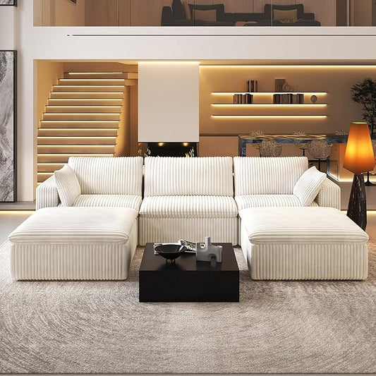 118" U Shaped Modern Sofa Modular Sectional Cloud Couch with 2 Ottoman,Upholstered Couches with Corduroy Fabric for Living Room Furniture,Bedroom and Apartment,No Assembly Required,White-CasaMuseHome