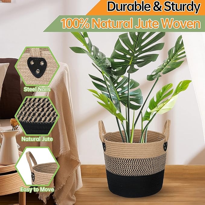 14"x12" Natural Jute Rope Woven Storage Basket with Handles for Plant, Blankets,Toys - Living Room Home Decor,Multifunctional Basket for Organizer,Picnic,Artificial Tree Black and Beige-CasaMuseHome