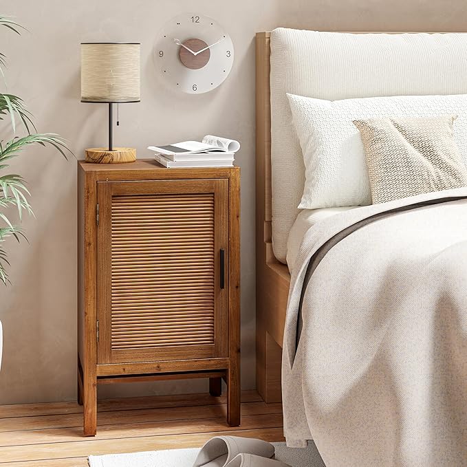 1 Door Farmhouse Nightstand, Rustic Slat Door Cabinet with 2 Shelves, Accent End Table with Storage for Bedroom, Brown-CasaMuseHome