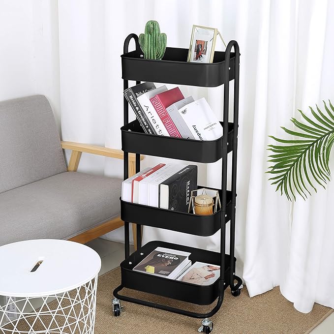 4-Tier Metal Mesh Utility Rolling Cart Storage Organizer Shelf Rack with Lockable Wheels for Living Room Kitchen Office, Black-CasaMuseHome
