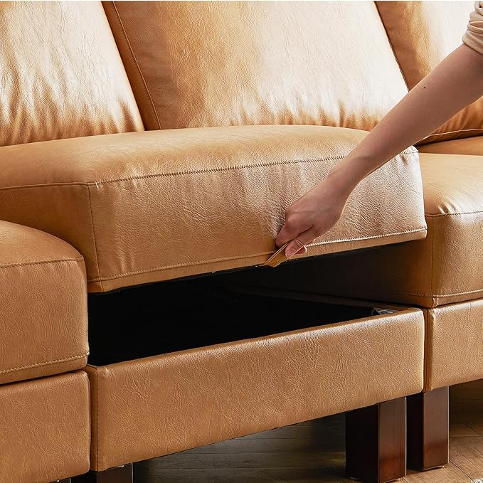 L Shape Modular Sofa, Faux Leather Sectional, 98'' 4 Seater Couch, Mid Century Modern Decor Couch, Office Sectional Sofa Bed, for House, Apartment, Living Room, Tan-CasaMuseHome