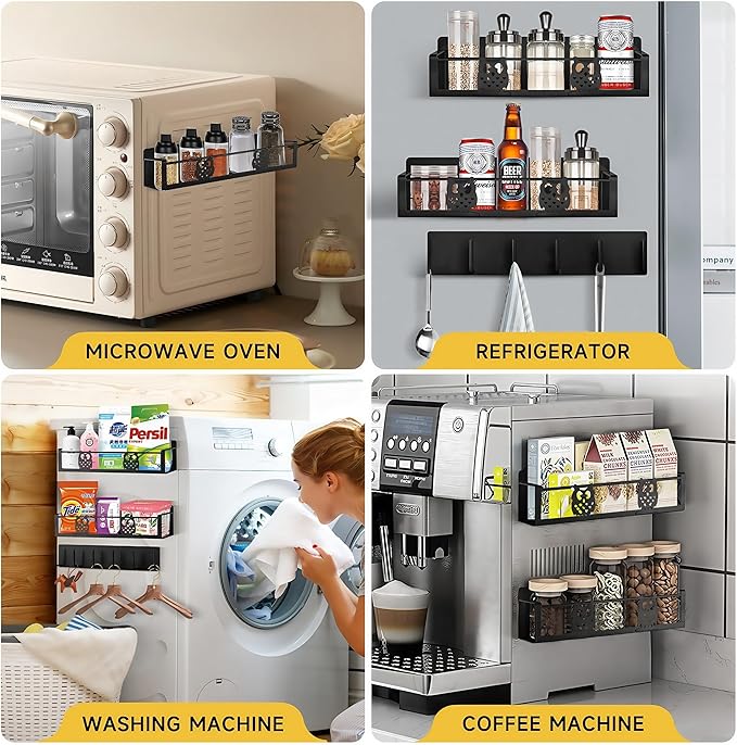 3 Pack Moveable No Drilling Heavy Magnet Spice Rack for Refrigerator Organizers and Storage,Space Saving Kitchen Organization with Magnetic Hooks,Owl Kitchen & Home Decor(Black)-CasaMuseHome