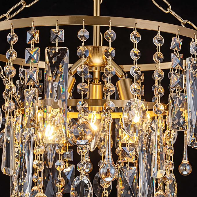 3-Lights K9 Crystal Chandeliers, Luxury Vintage Pendant Light Fixture for Dining Room, Living Room, D15*H20.4~66.8 inch (Adjustable), Clear Crystal & Gold Finish-CasaMuseHome