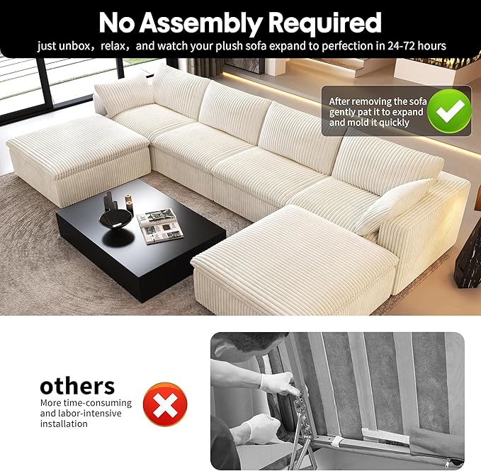 157.5" U Shaped Modern Sofa Modular Sectional Cloud Couch with 2 Ottoman,Deep Seat Upholstered Couches with Corduroy Fabric for Living Room Furniture,Bedroom and Apartment,No Assembly Required,White-CasaMuseHome