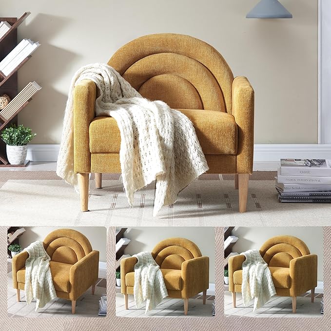 Accent Chair Reading Chair with Armrest, Small Comfy Chair for Small Spaces, Modern Linen Upholstered Armchair for Bedroom & Living Room, Single Sofa Chair with Wood Legs, Easy Assembly (Yellow)-CasaMuseHome