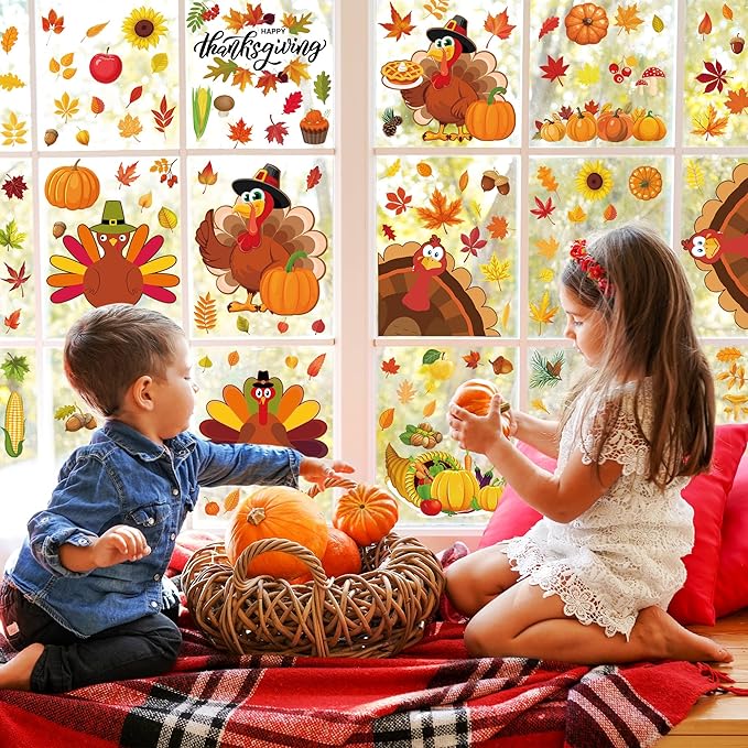 9 Sheets Thanksgiving Window Clings, 115PCS Thanksgiving Decorations Window Stickers, Turkey Decal Stickers with Cute Cones Nuts Maple Leaves Patterns for Fall Harvest Decorations Decor Accessories-CasaMuseHome