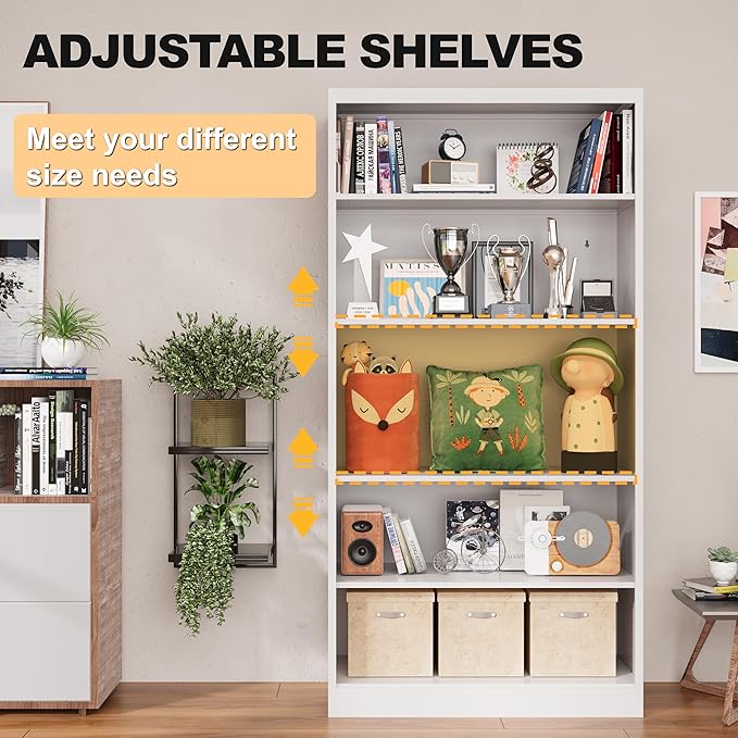 66" Tall Metal Bookcase, 5 Shelf White Bookcase with Adjustable Shelves, Large Bookshelves and Bookcases, Modern Book Shelf Storage Organizer for Living Room, Home Office, Library-CasaMuseHome