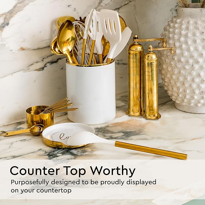 Gold Kitchen Utensils Set - 19-Piece Set Includes Stainless Steel Gold Utensils, White Silicone Tools, and Measuring Cups and Spoons - Luxury Kitchen Accessories for Modern Cooking, Serving, & Gifting-CasaMuseHome