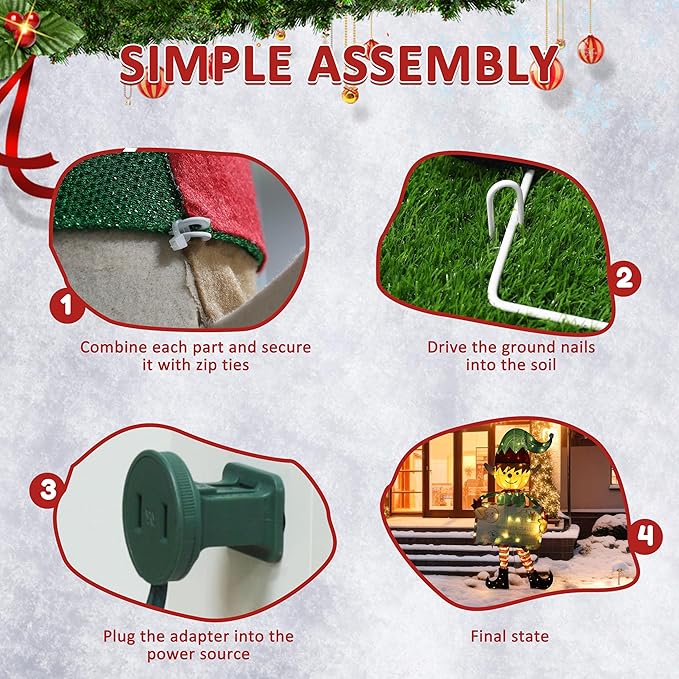 4.8FT Lighted Elf with Envelope Outdoor Christmas Decoration, 3D Pre-Lit Elf Decor with 100 LED Lights for Christmas, Freestanding Glittered Holiday Display for Outdoor, Indoor-CasaMuseHome