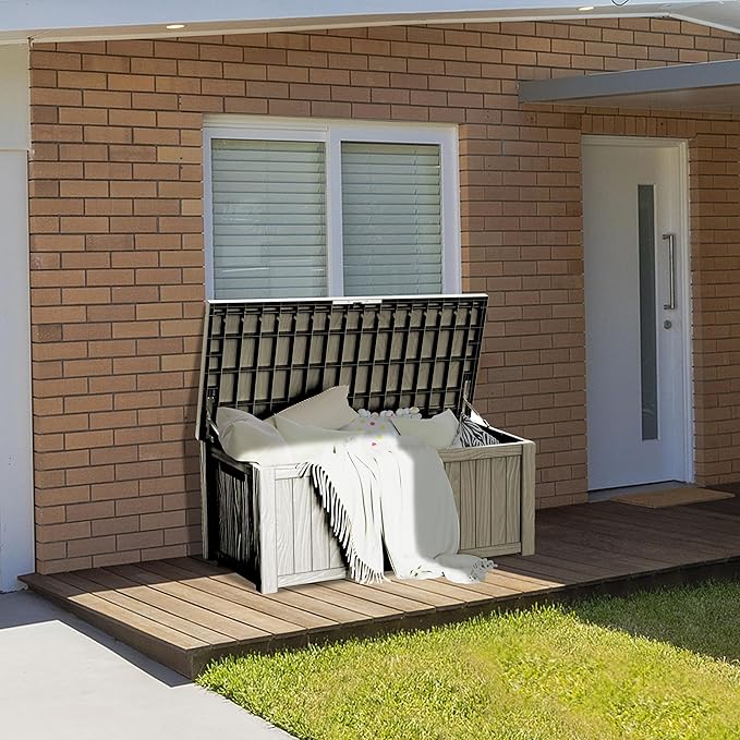 150 Gallon Lockable Resin Deck Box, Waterproof & UV-Resistant Outdoor Storage Box for Outdoor Cushion Storage, Garden Tools & Pool Accessories Storage, Gray-CasaMuseHome