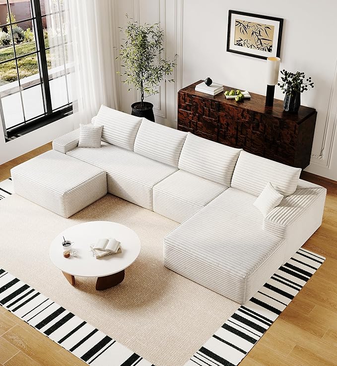 136" Sectional Couches for Living Room Modern Modular Sofa with L-Shape Couchs Upholstered Boneless Couch Deep Seat Sectional Couch with Chaise (White, Right Facing Chaise+3Seaters+Ottoman)-CasaMuseHome