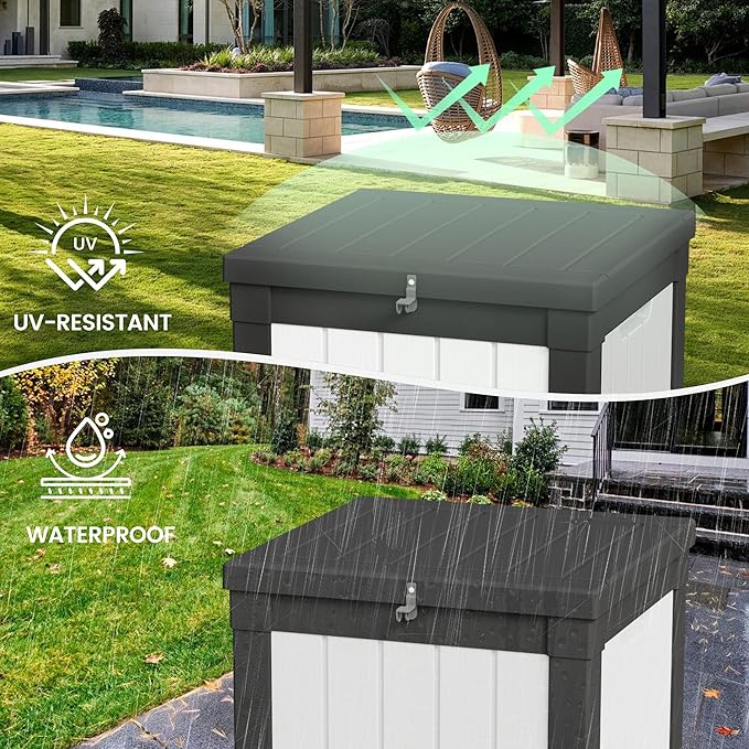 50 Gallon Storage Box, Waterproof Deck Box for Indoor & Outdoor Use, Lockable Pool Storage Bin for Package Delivery, Outdoor Bench for Patio Cushions, Garden Tools, Backyard, Black & White-CasaMuseHome