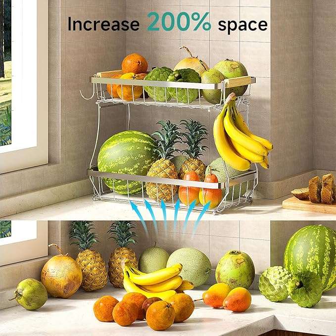 2 Tier Fruit Basket for Kitchen Counter with 2 Banana Hangers, 2025 Pro Detachable Metal Fruit Bowl with Wooden Handle,Fruit Holder for Bread Snack Veggies, Silvery-CasaMuseHome