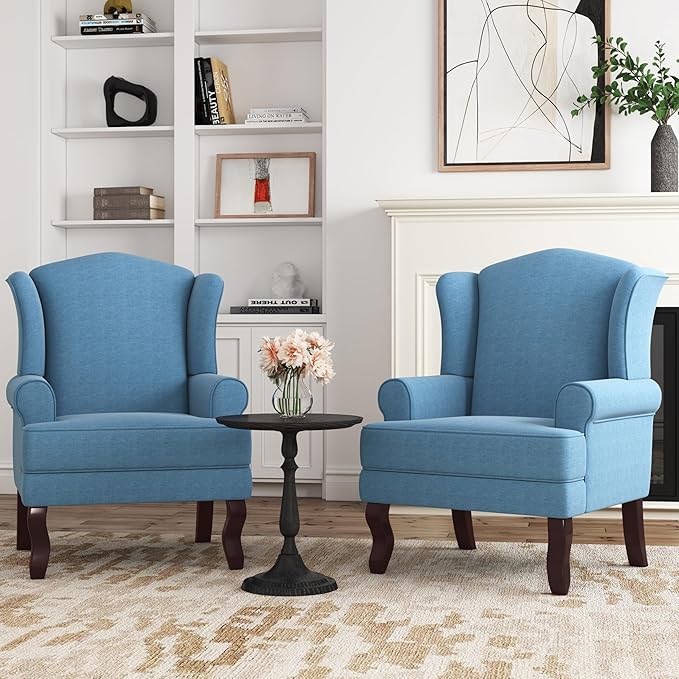 Accent Chair, High Back Upholstered Armchair with High Resilience Sponge & Wood Legs, Mid-Century Modern Comfy Single Sofa Reading Chairs for Living Room, Bedroom (Blue, Set of 1)-CasaMuseHome